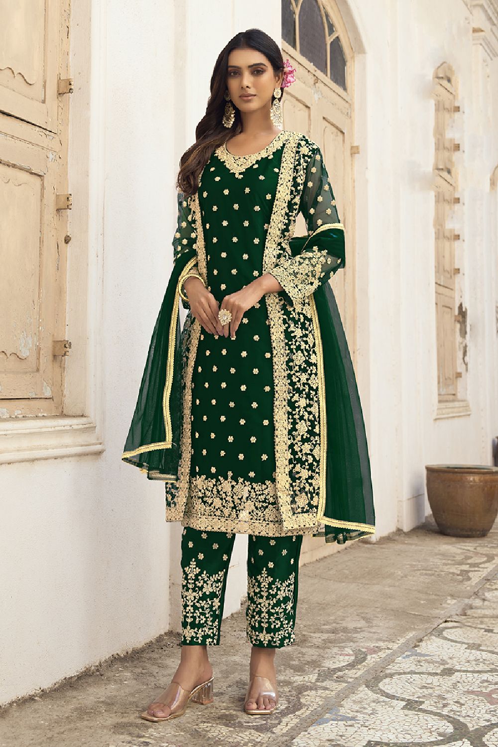 Women's Dark-Green Net Thread Embroidery Zari Work Salwar Kameez Suit Set