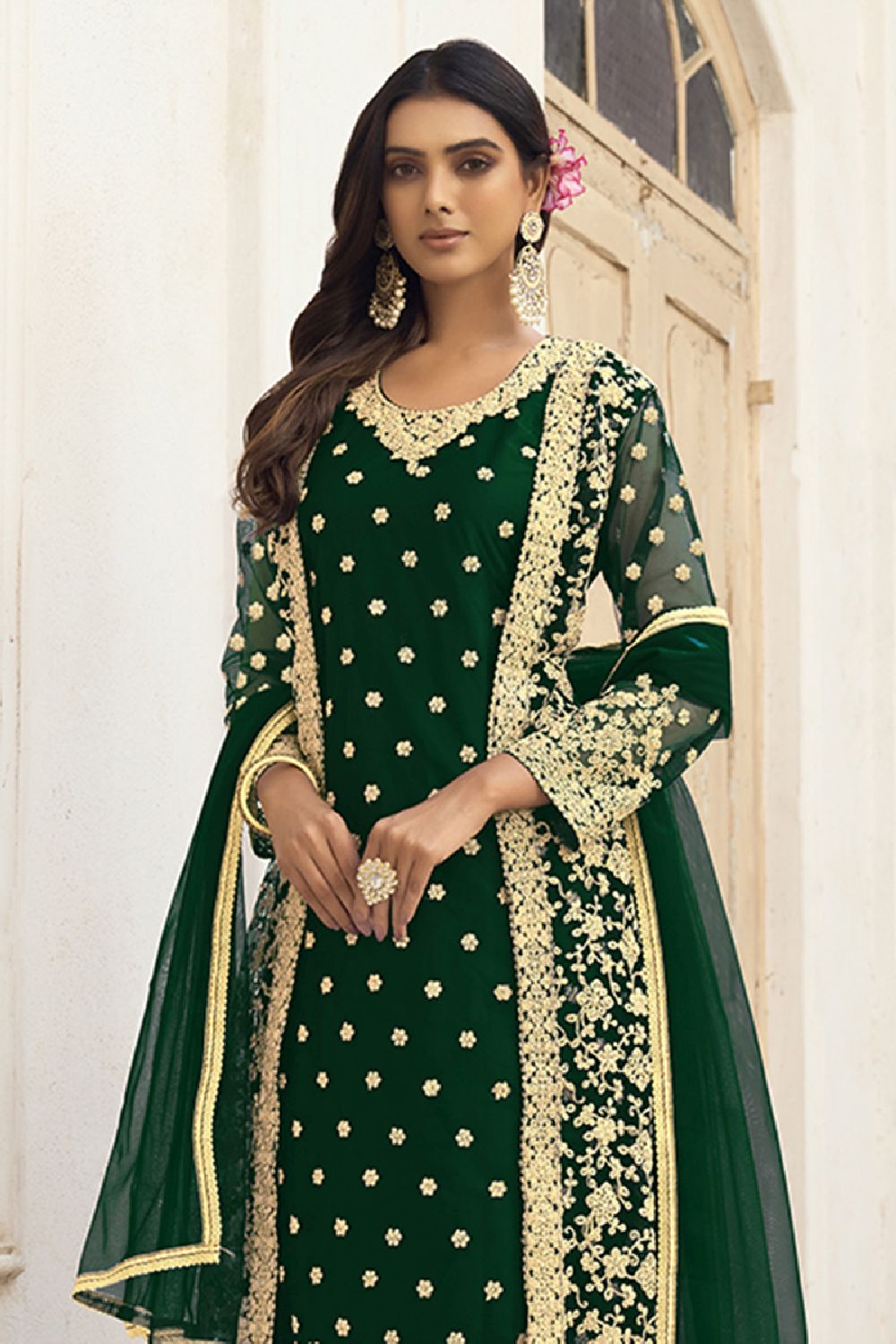 Women's Dark-Green Net Thread Embroidery Zari Work Salwar Kameez Suit Set