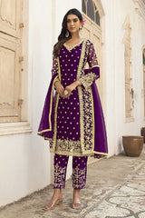 Women's Dark-Violet Net Thread Embroidery Zari Work Salwar Kameez Suit Set