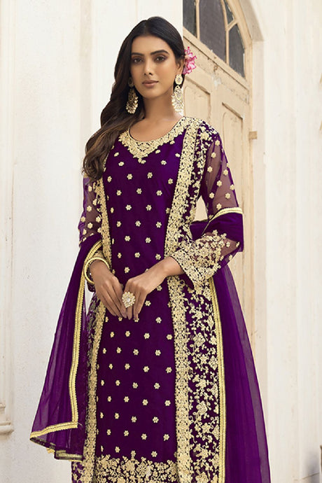 Women's Dark-violet Net Thread Embroidery Zari Work Salwar Kameez Suit Set
