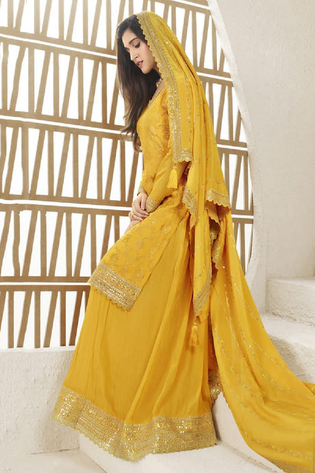 Women's Mustard Jacquard Embroidered Zari Work Salwar Kameez Suit Set