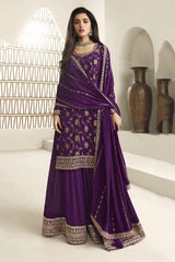 Women's Dark-Violet Jacquard Embroidered Zari Work Salwar Kameez Suit Set