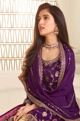 Women's Dark-Violet Jacquard Embroidered Zari Work Salwar Kameez Suit Set