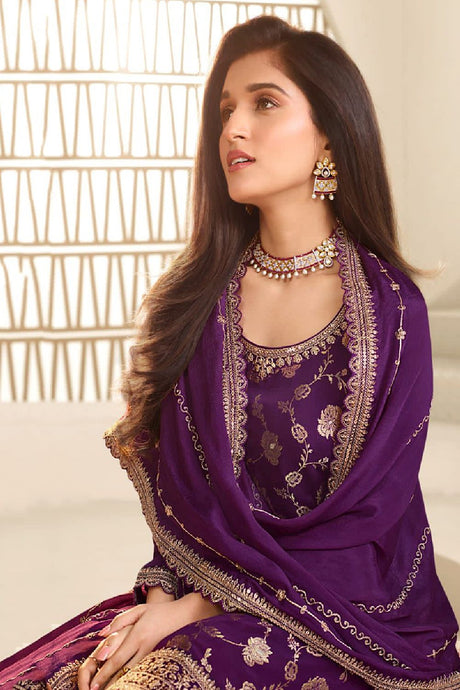 Women's Dark-violet Jacquard Embroidered Zari Work Salwar Kameez Suit Set