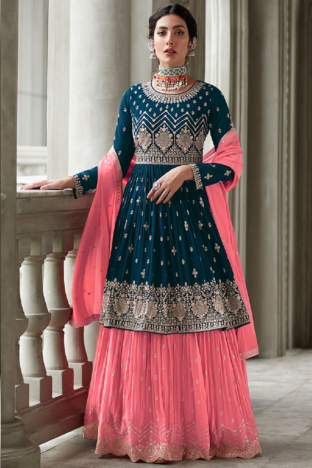 Women's Navy-Blue Georgette Embroidered Sequins Work Lehenga Suit Set