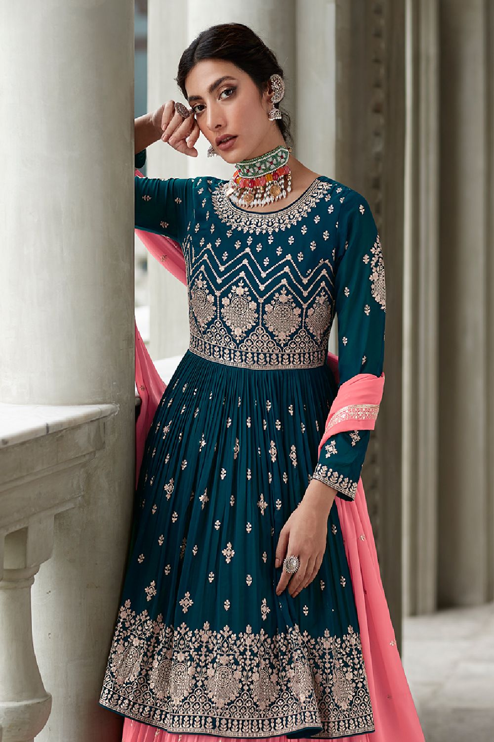 Women's Navy-Blue Georgette Embroidered Sequins Work Lehenga Suit Set