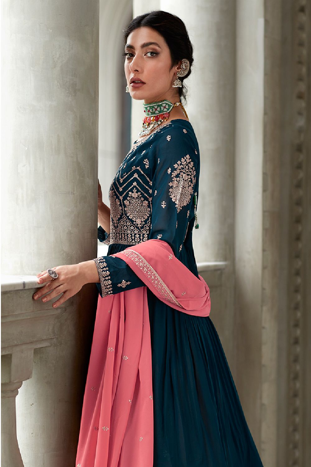 Women's Navy-Blue Georgette Embroidered Sequins Work Lehenga Suit Set