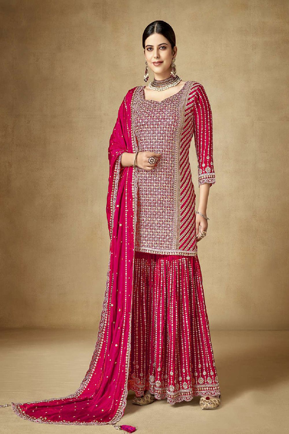 Women's Red Silk Embroidered Sequins Work Sharara Suit Set