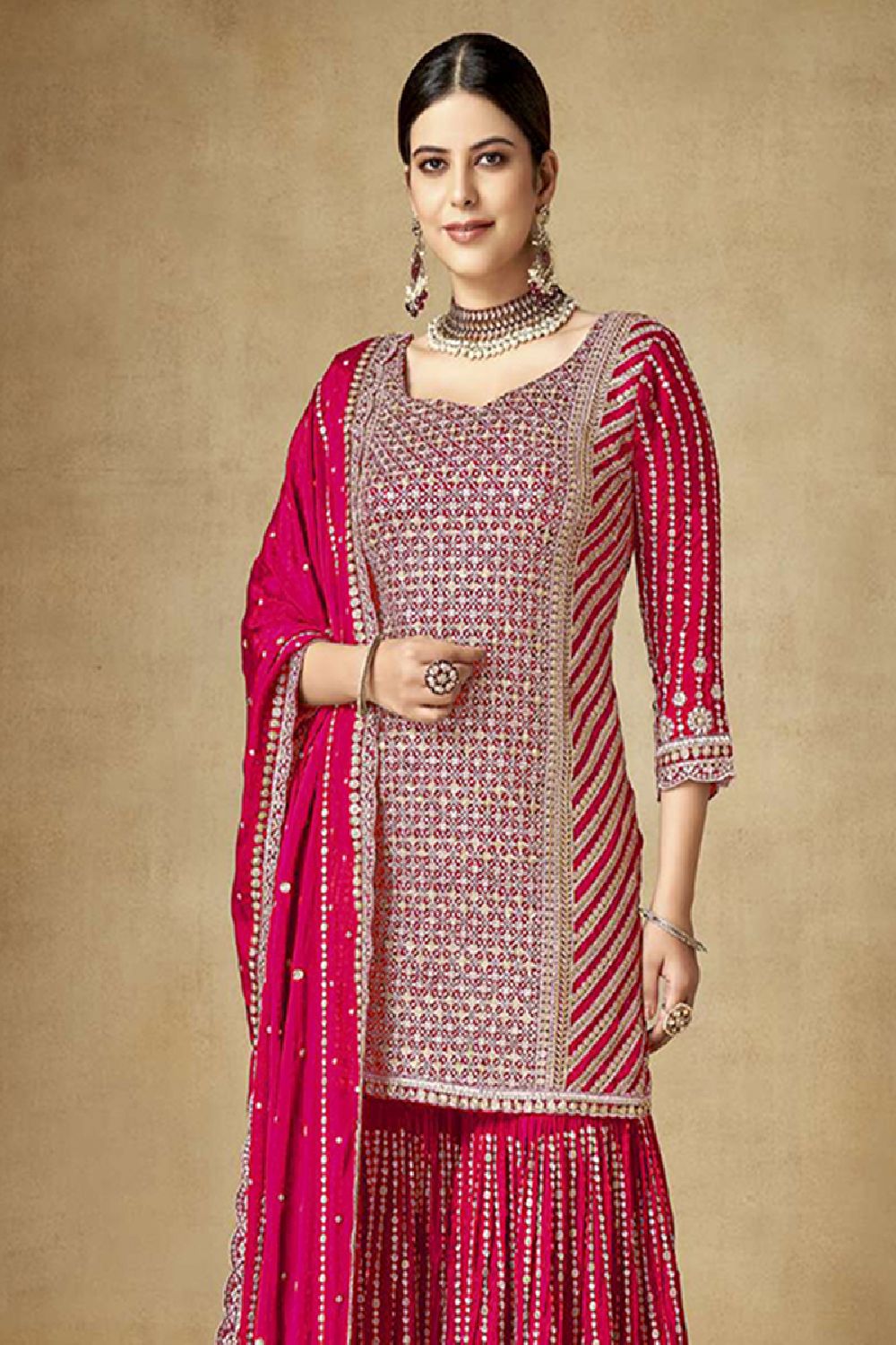 Women's Red Silk Embroidered Sequins Work Sharara Suit Set
