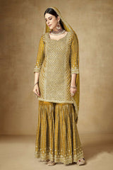 Women's Mustard Silk Embroidered Sequins Work Sharara Suit Set