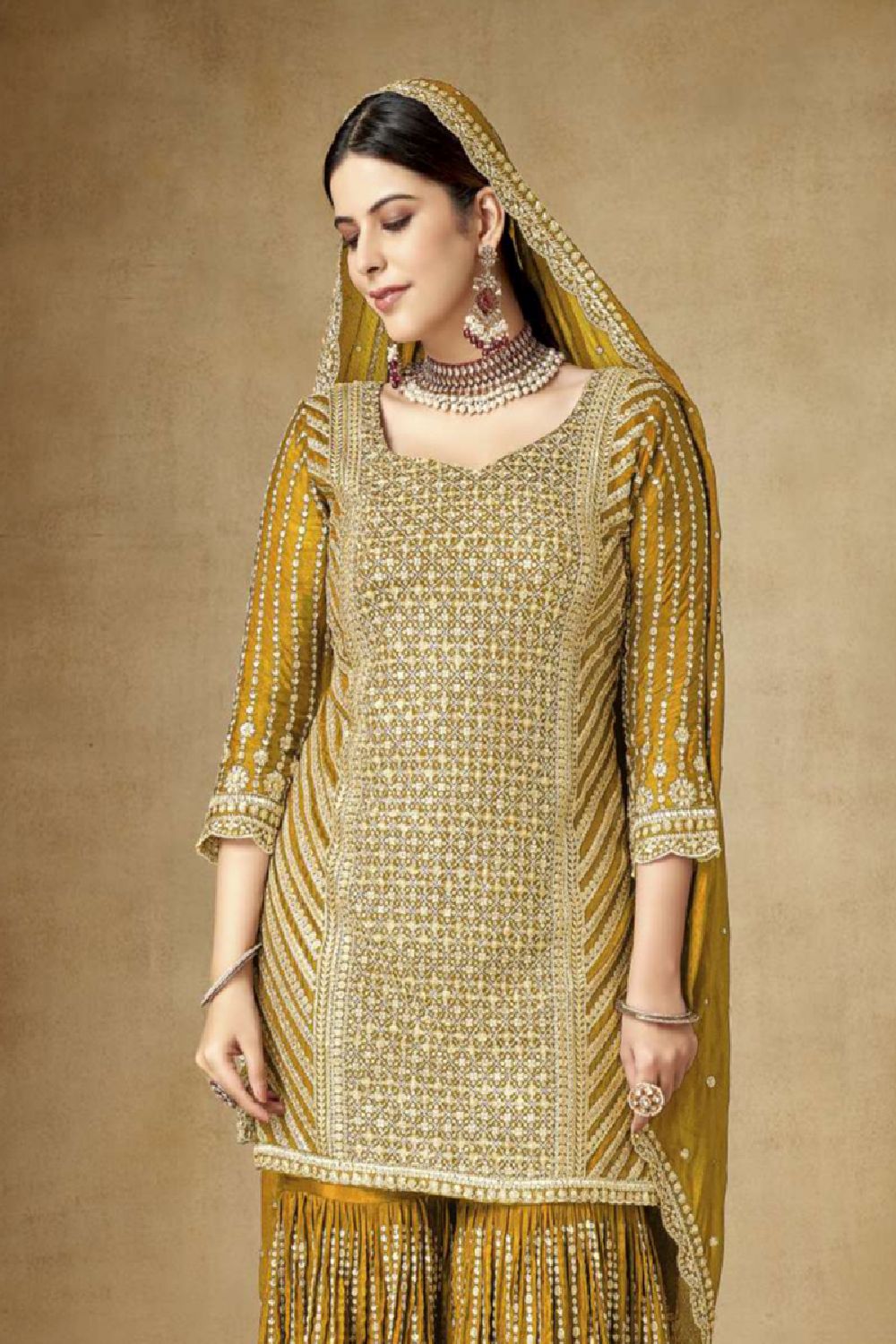 Women's Mustard Silk Embroidered Sequins Work Sharara Suit Set