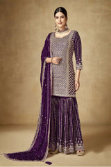 Women's Dark-Violet Silk Embroidered Sequins Work Sharara Suit Set