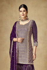 Women's Dark-Violet Silk Embroidered Sequins Work Sharara Suit Set