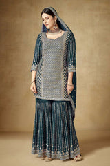 Women's Dark-green Silk Embroidered Sequins Work Sharara Suit Set