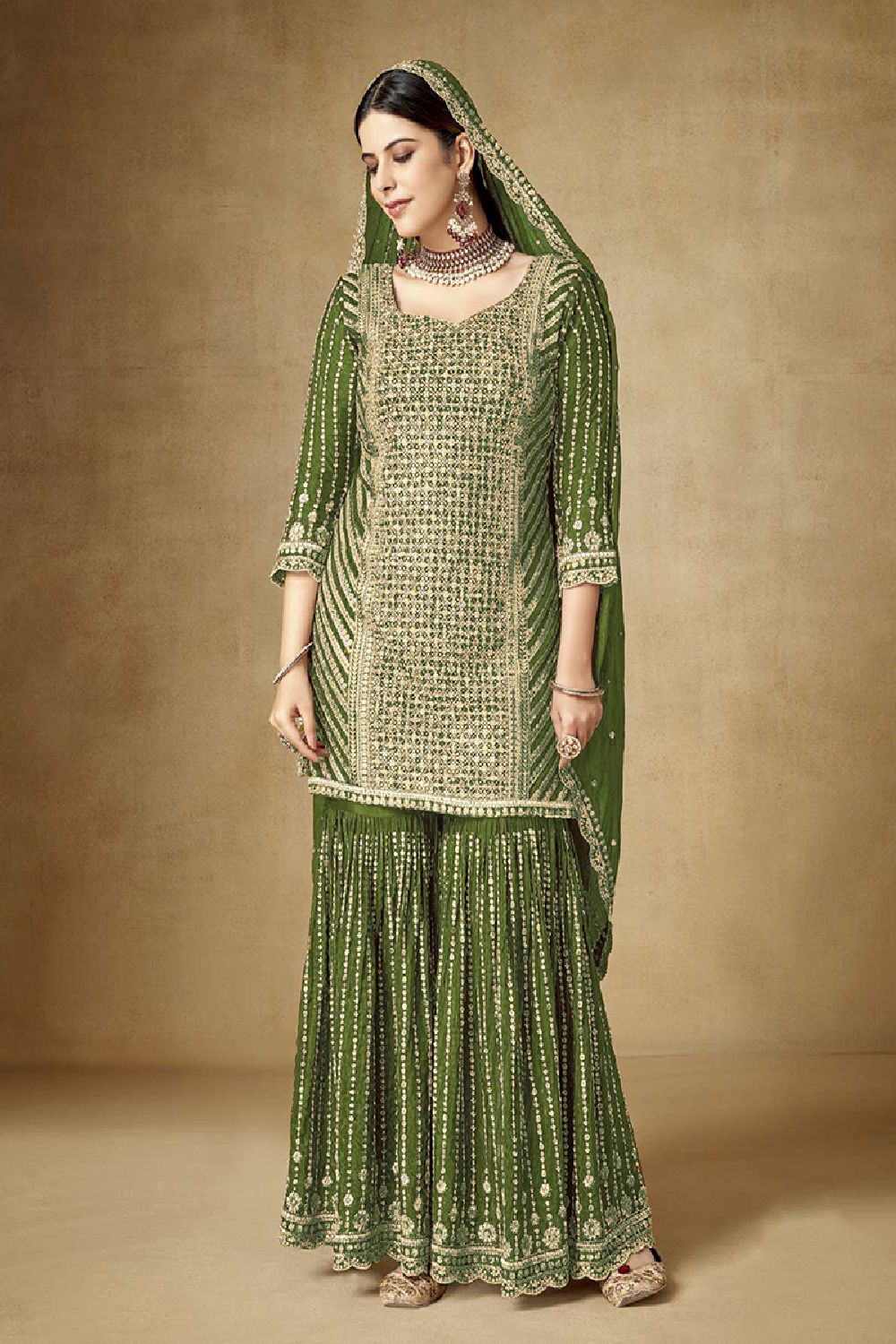 Women's Mehendi Silk Embroidered Sequins Work Sharara Suit Set
