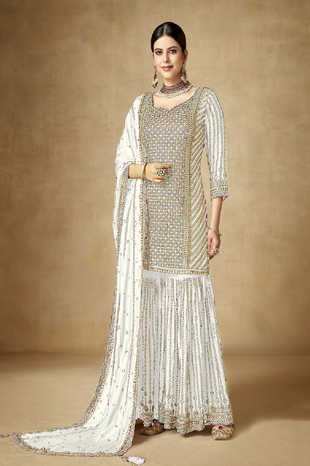 Women's Off-white Silk Embroidered Sequins Work Sharara Suit Set