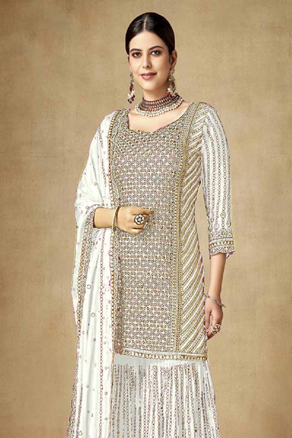 Women's Off-white Silk Embroidered Sequins Work Sharara Suit Set