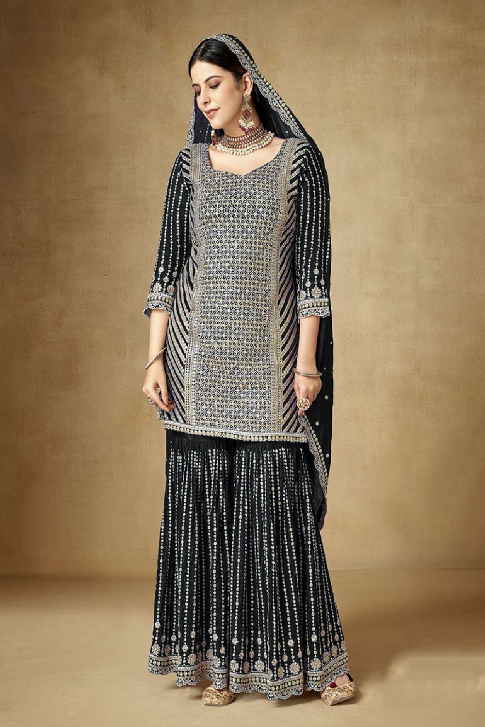 Women's Black Silk Embroidered Sequins Work Sharara Suit Set
