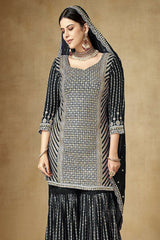 Women's Black Silk Embroidered Sequins Work Sharara Suit Set