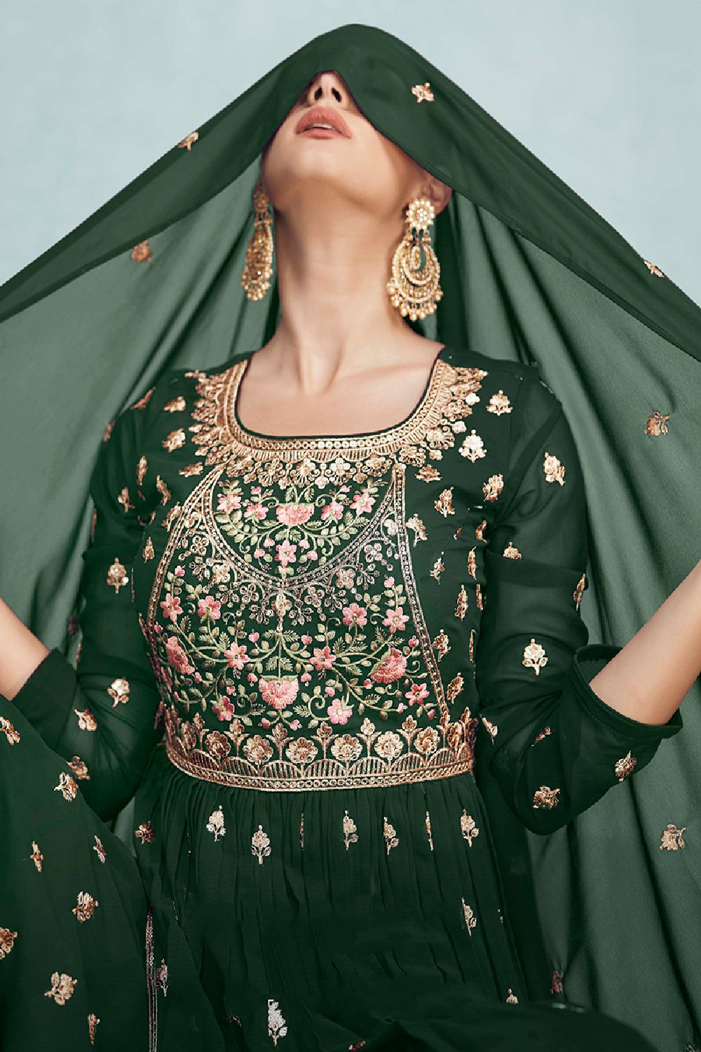 Women's Dark-green Pure Georgette Resham Embroidery Zari Work Palazzo Suit Set