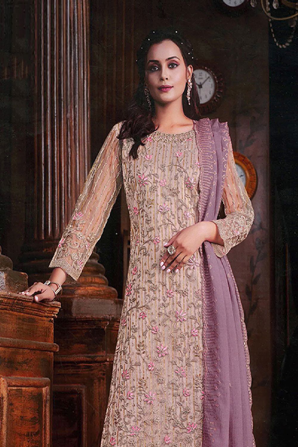 Women's Beige Net Embroidered Zari Work Palazzo Suit Set