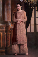 Women's Dark-peach Net Embroidered Zari Work Palazzo Suit Set