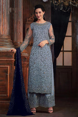 Women's Grey Net Embroidered Zari Work Palazzo Suit Set