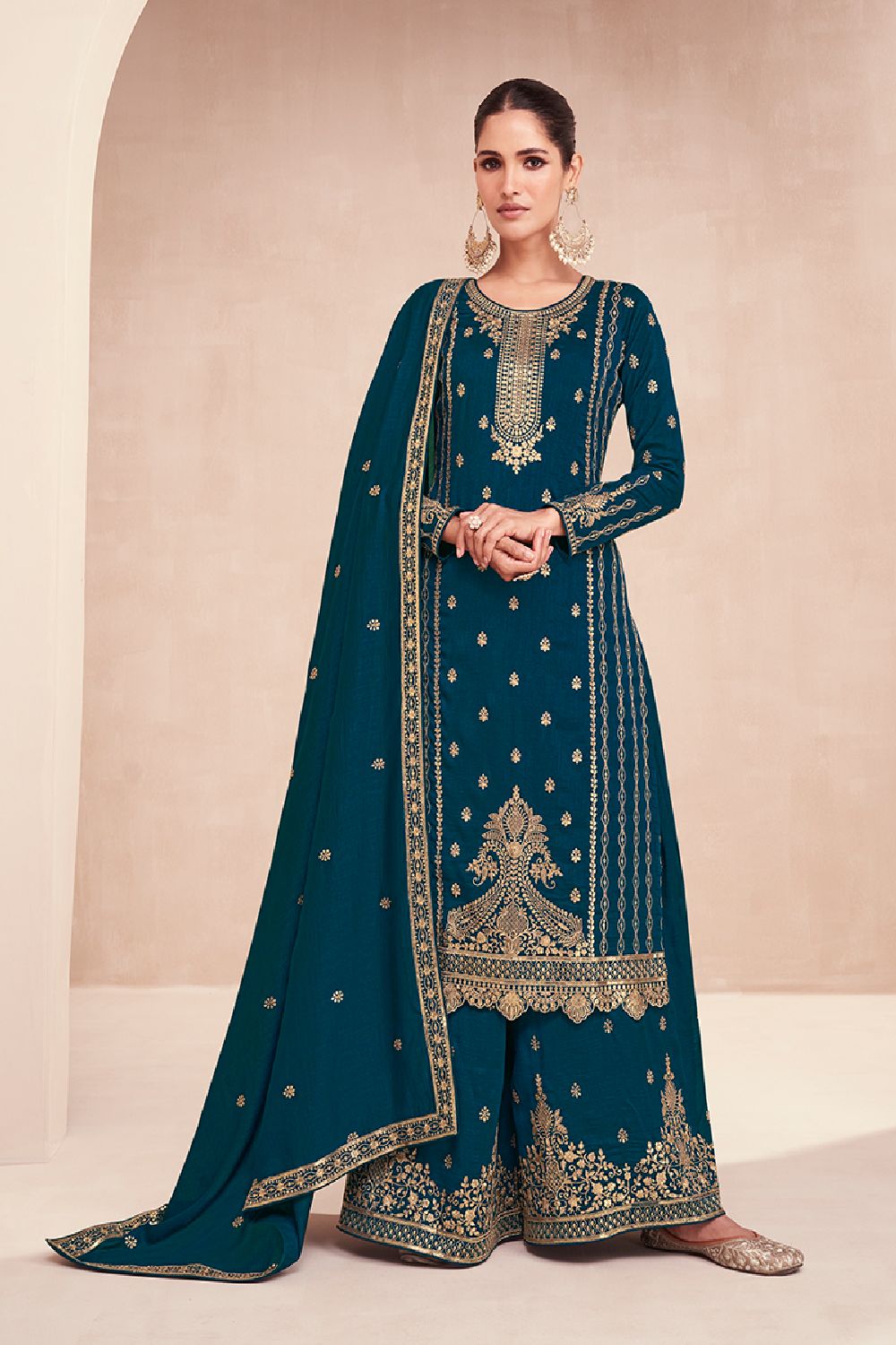 Women's Dark-teal Silk Embroidered Zari Work Sharara Suit Set