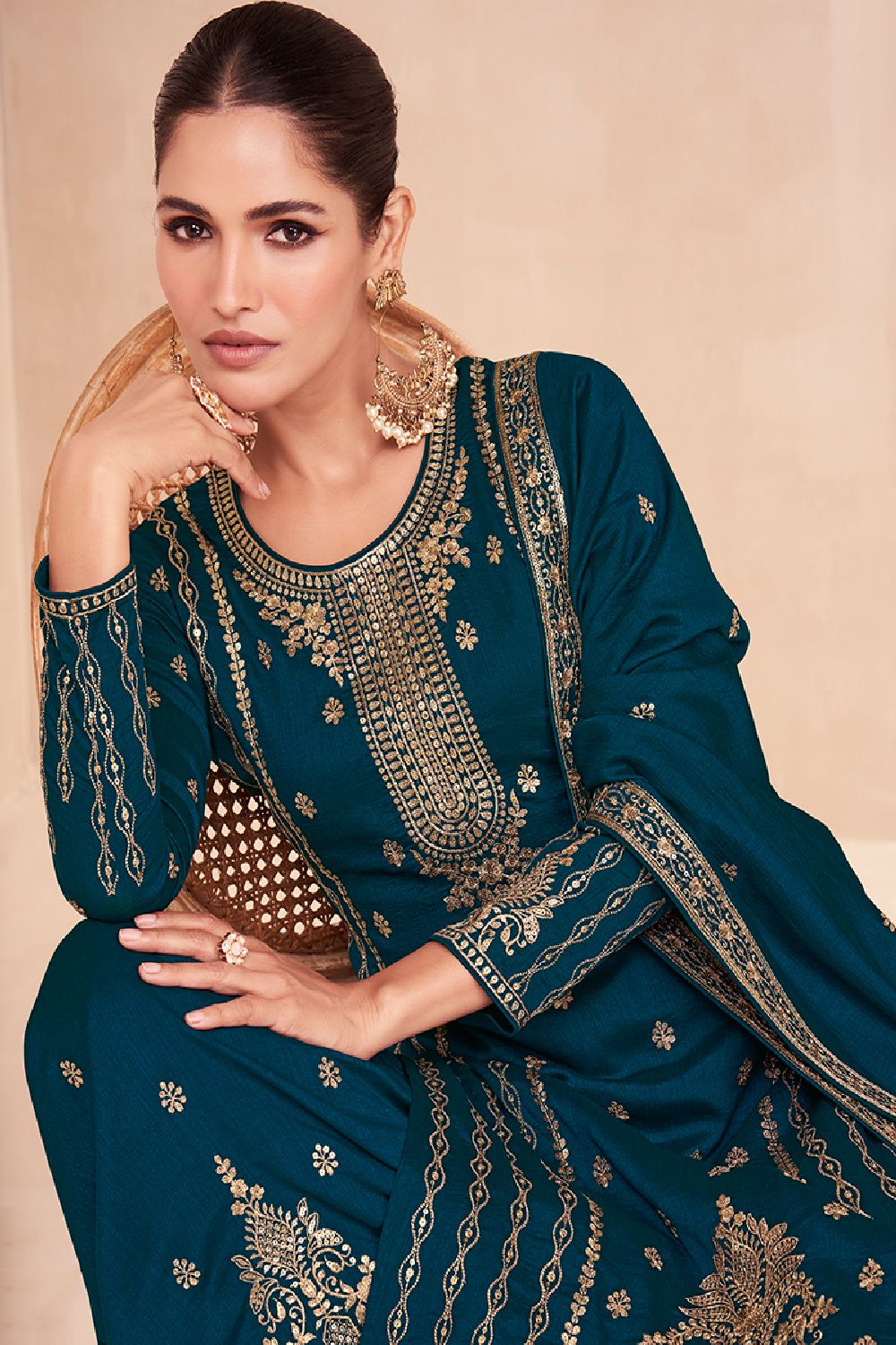 Women's Dark-teal Silk Embroidered Zari Work Sharara Suit Set