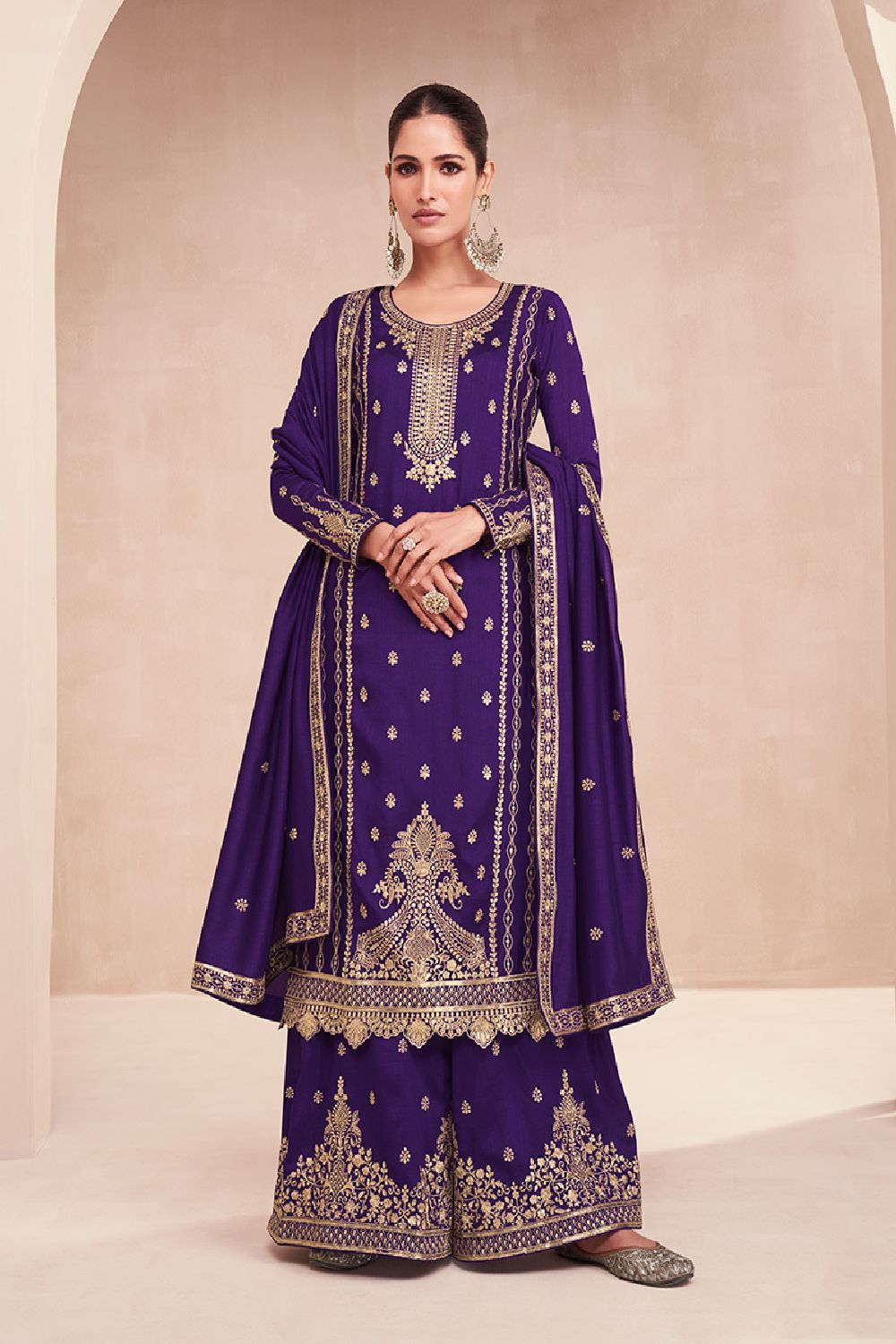 Women's Dark-Violet Silk Embroidered Zari Work Sharara Suit Set