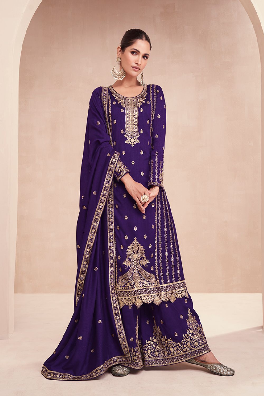 Women's Dark-Violet Silk Embroidered Zari Work Sharara Suit Set