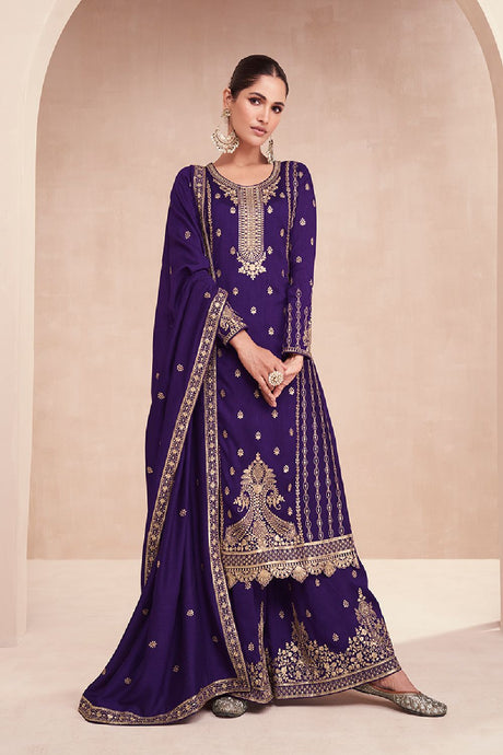 Women's Dark-violet Silk Embroidered Zari Work Sharara Suit Set