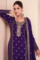 Women's Dark-Violet Silk Embroidered Zari Work Sharara Suit Set