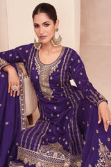 Women's Dark-Violet Silk Embroidered Zari Work Sharara Suit Set