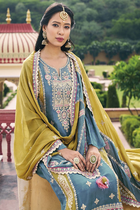 Women's Teal-blue Silk Embroidered Dori Salwar Kameez Suit Set