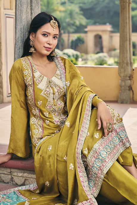 Women's Mustard Silk Embroidered Dori Salwar Kameez Suit Set
