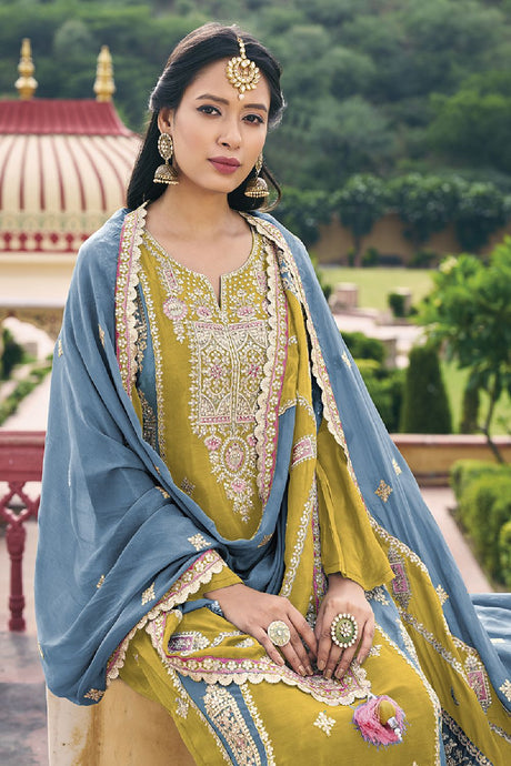 Women's Mustard Silk Embroidered Dori Salwar Kameez Suit Set
