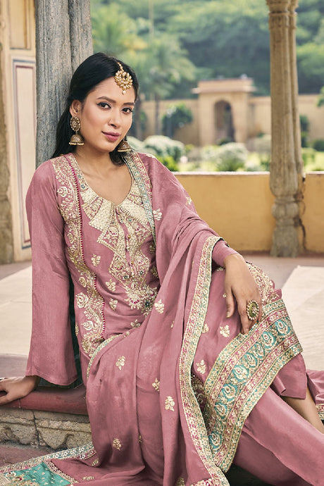 Women's Salmon Silk Embroidered Dori Salwar Kameez Suit Set