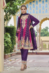 Women's Violet Silk Embroidered Zari Work Salwar Kameez Suit Set