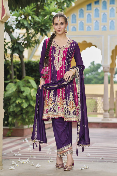 Women's Violet Silk Embroidered Zari Work Salwar Kameez Suit Set