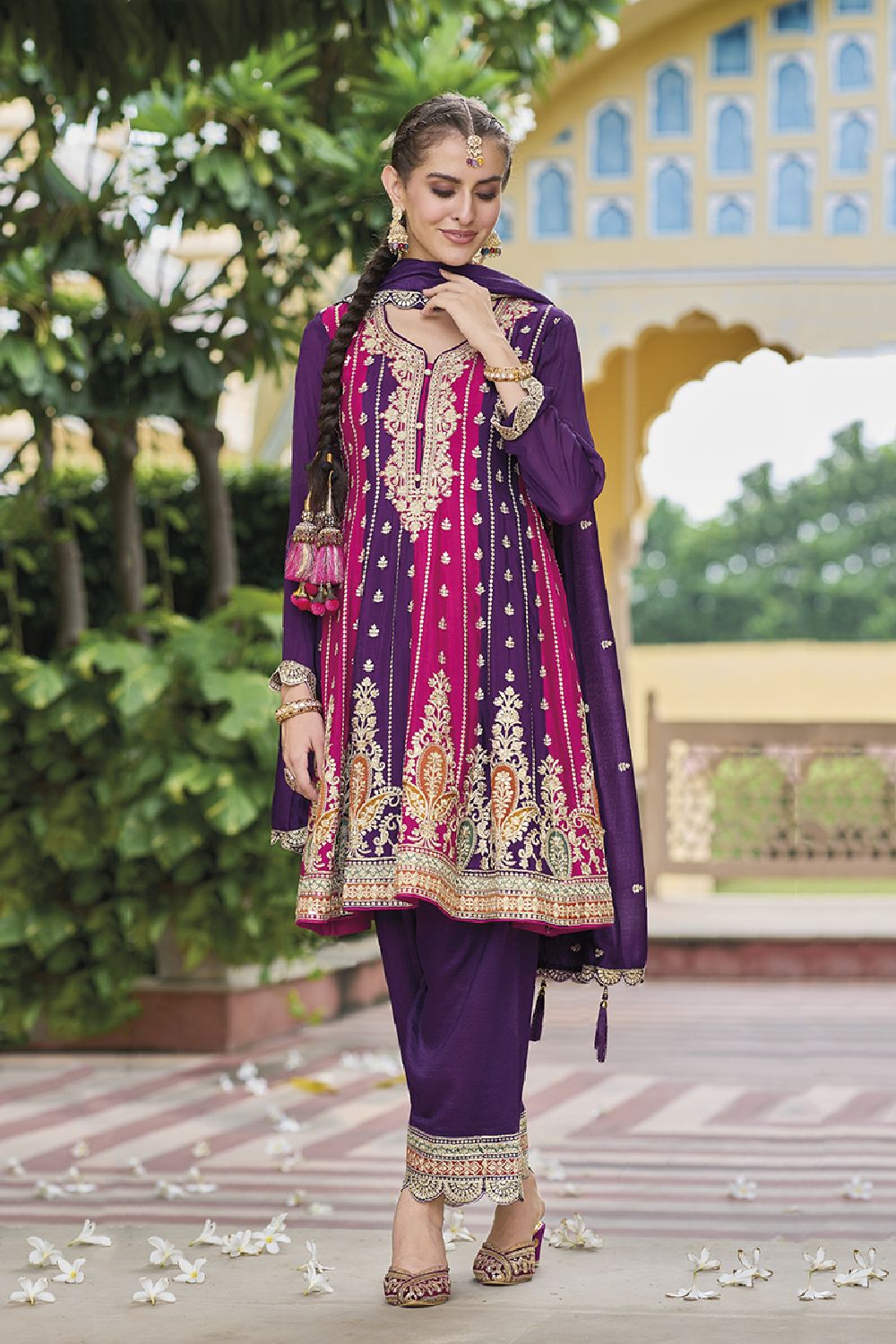 Women's Violet Silk Embroidered Zari Work Salwar Kameez Suit Set