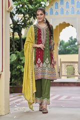 Women's Mehendi Silk Embroidered Zari Work Salwar Kameez Suit Set