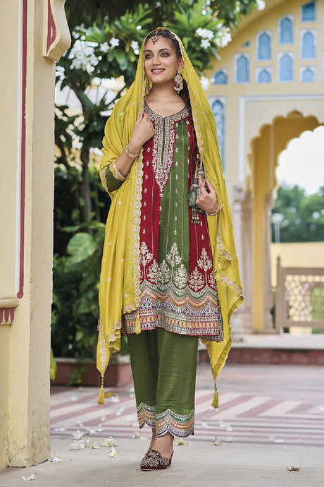 Women's Mehendi Silk Embroidered Zari Work Salwar Kameez Suit Set