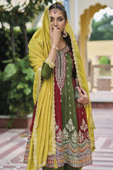 Women's Mehendi Silk Embroidered Zari Work Salwar Kameez Suit Set