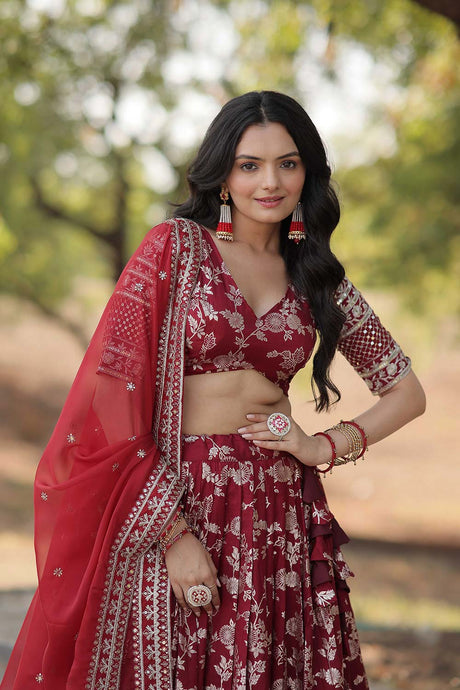 Maroon Jacquard Sequins Lehenga Choli