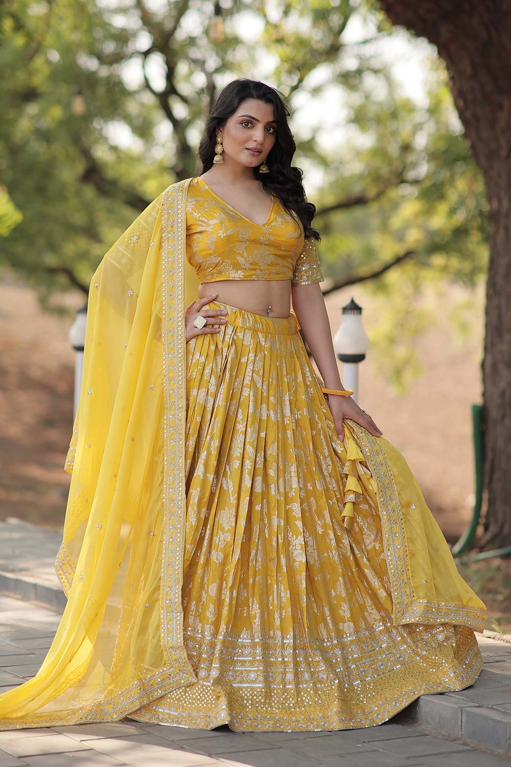 Yellow Jacquard Sequins Lehenga Choli