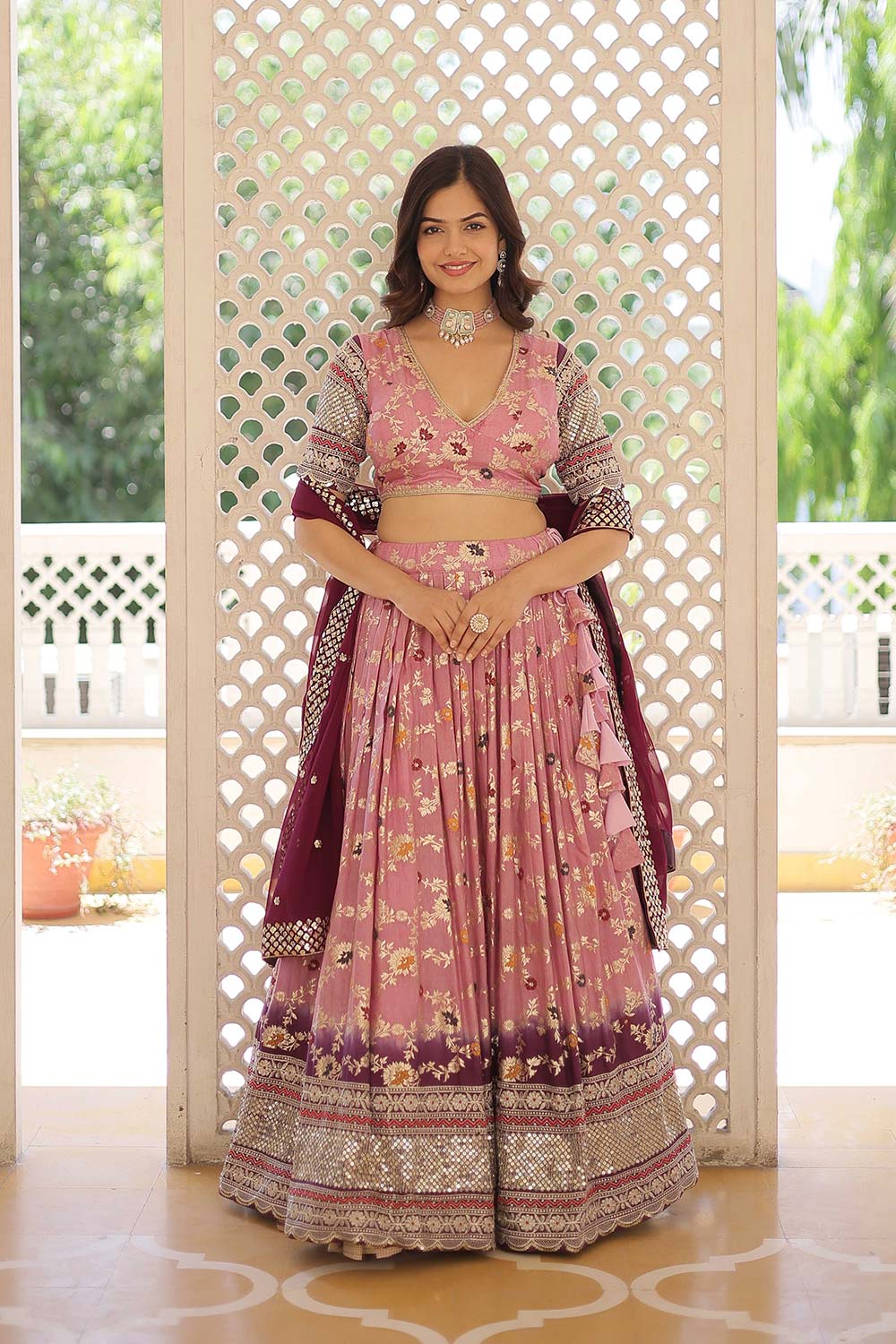 Pink Jacquard Sequins Lehenga Choli