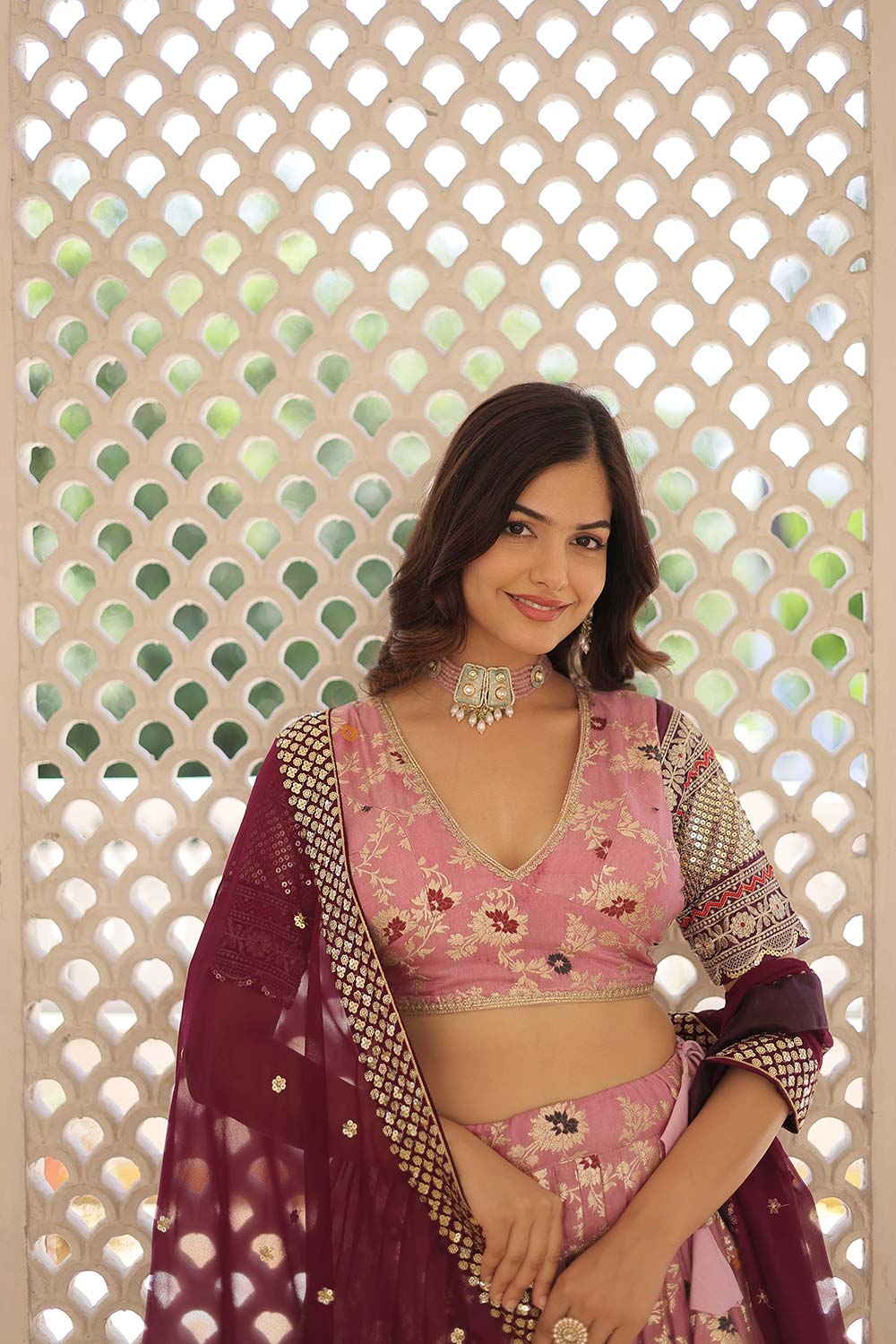 Pink Jacquard Sequins Lehenga Choli