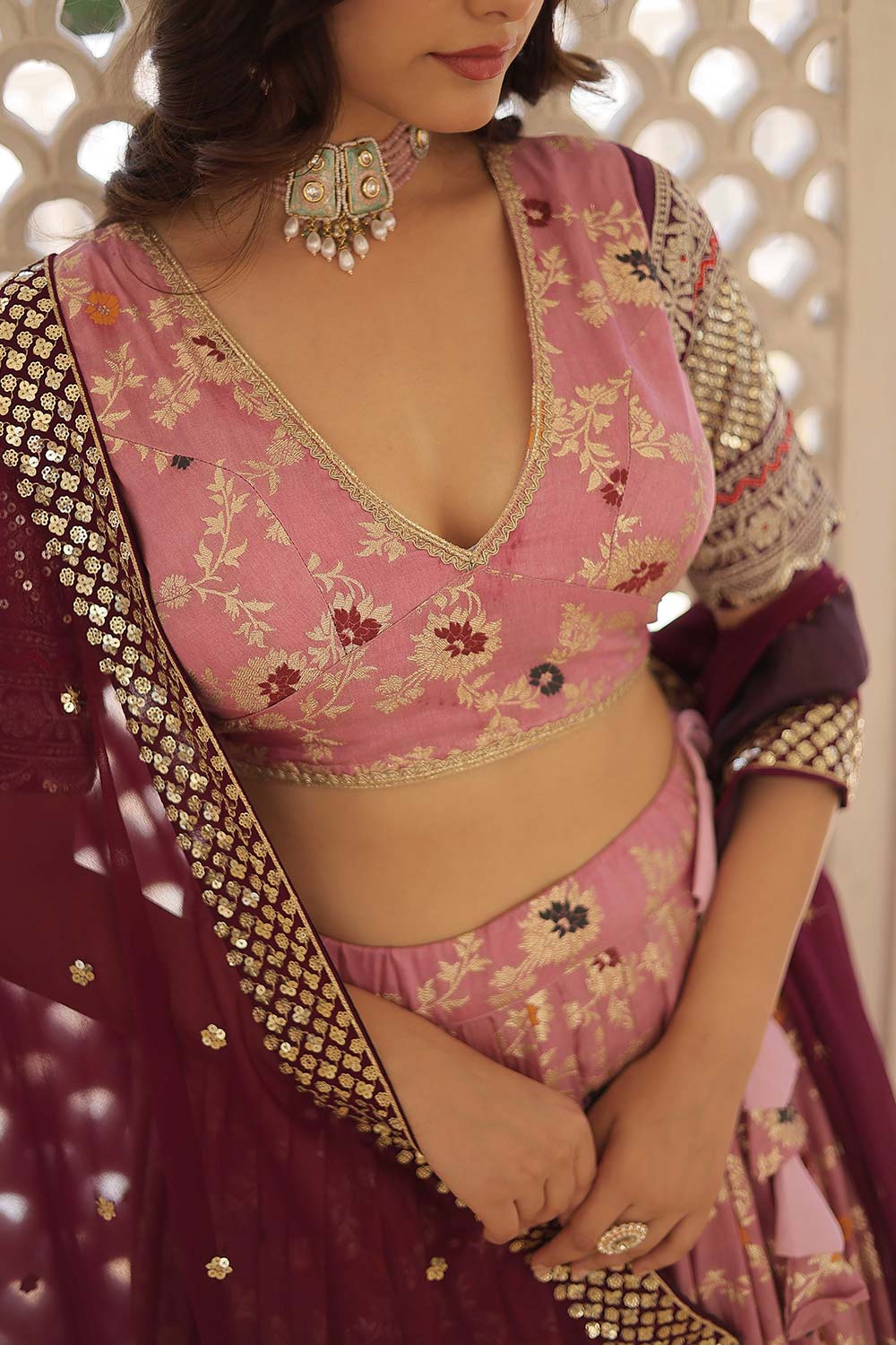 Pink Jacquard Sequins Lehenga Choli