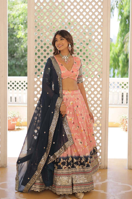 Peach Jacquard Sequins Lehenga Choli